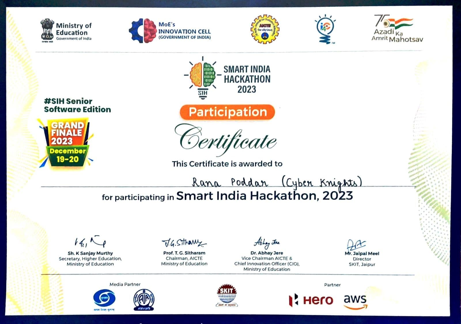 SIH 2023 — Participation Certificate