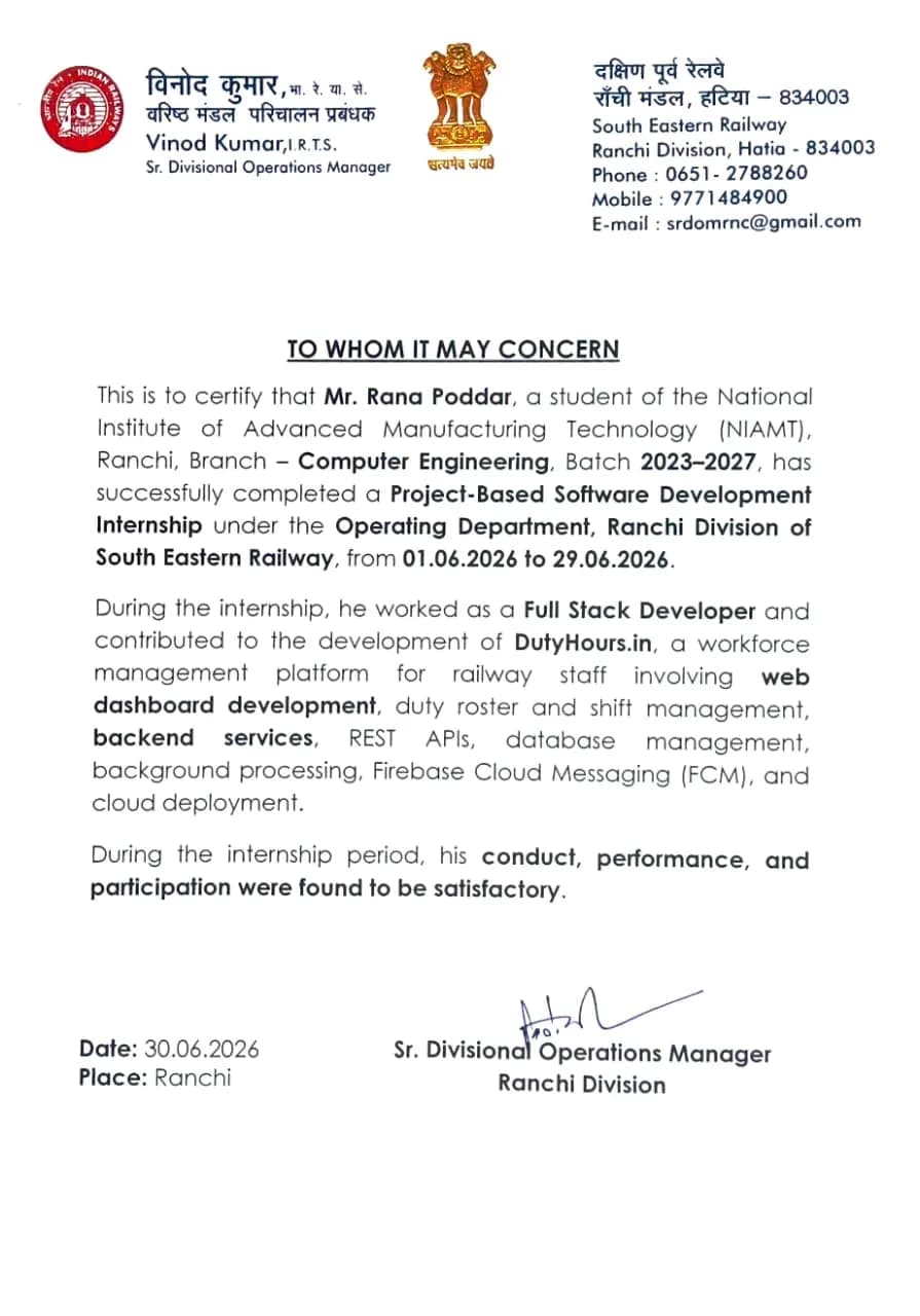 South Eastern Railway Internship Certificate